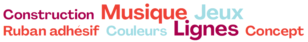 Nuage de mots Scooootch: Construction, musique, jeux, ruban adhésif, couleurs, lignes, concept